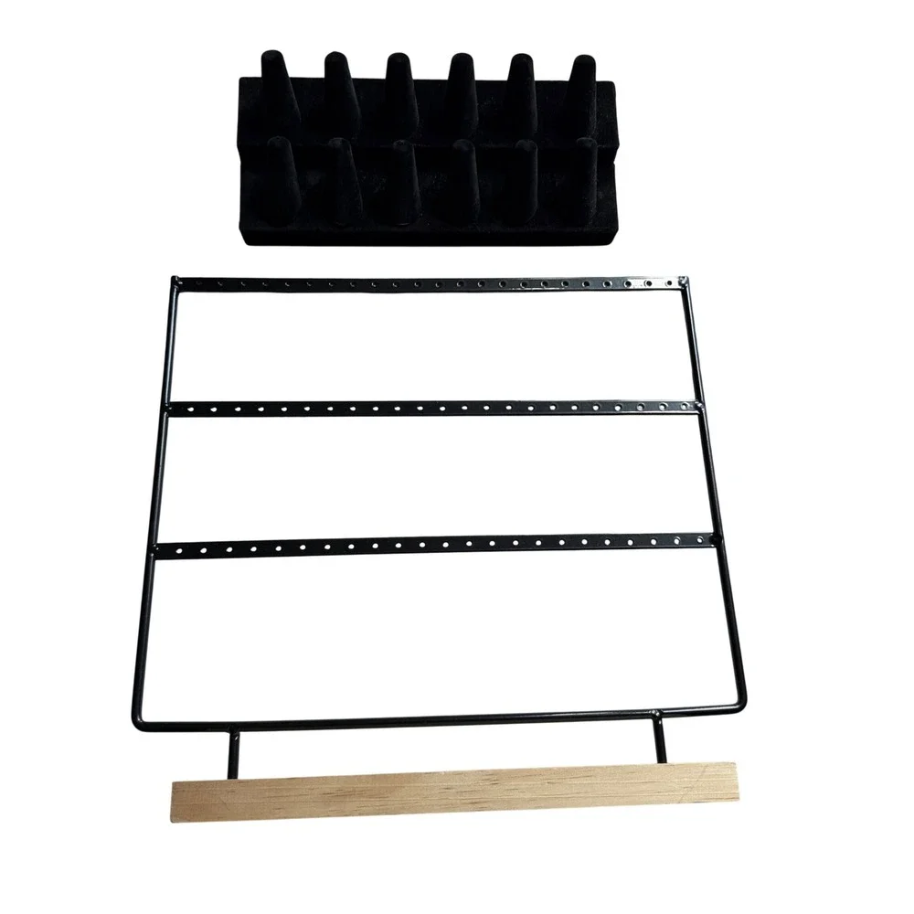 Jewelry Display Set Black Metal Earring Stand Wood Base & Velvet 12 Ring Tray